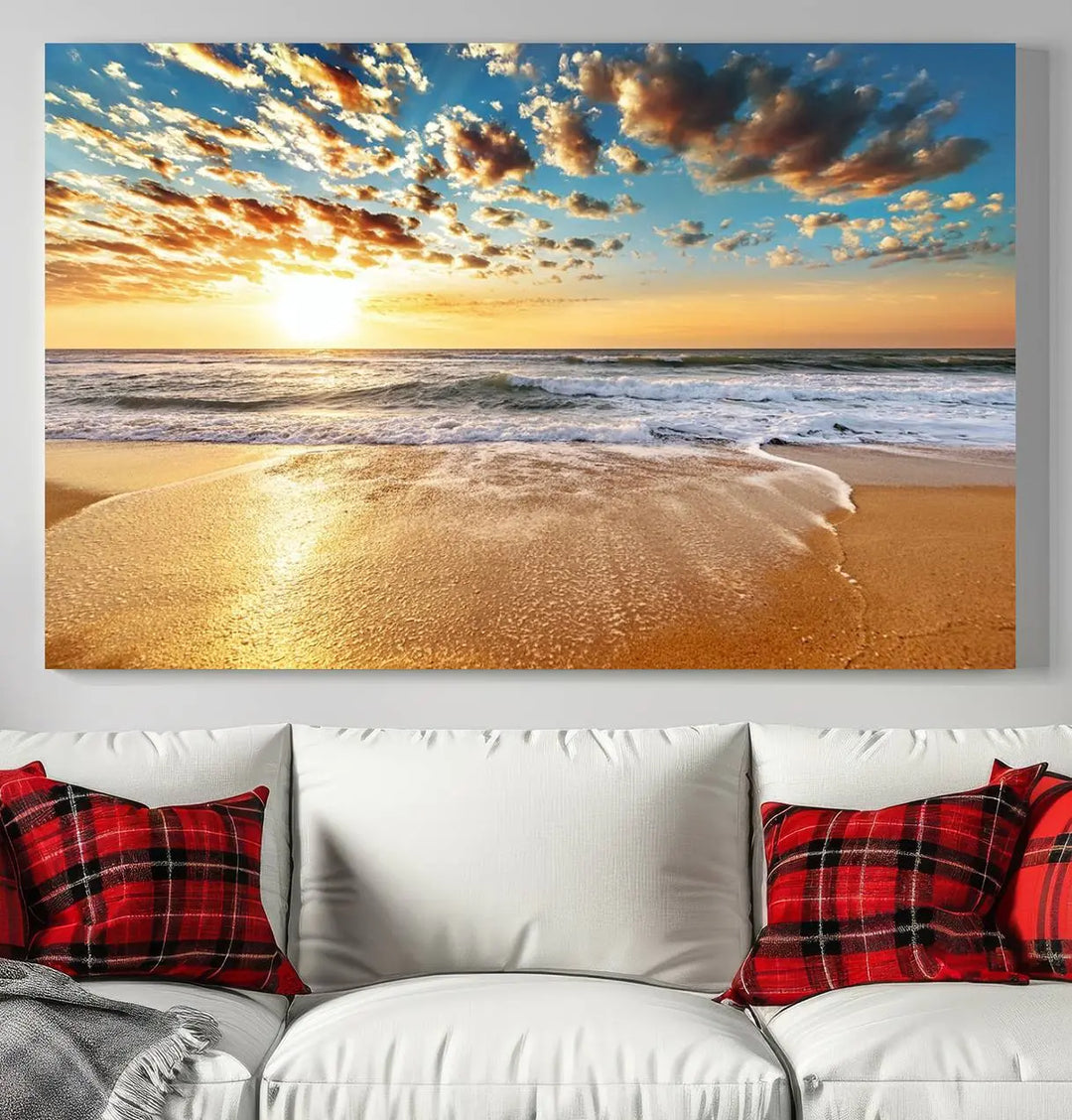 The "Golden Sunset Beach" triptych, a giclee canvas print showcasing Canon print quality, beautifully captures a serene beach sunset with waves lapping at the golden sand.