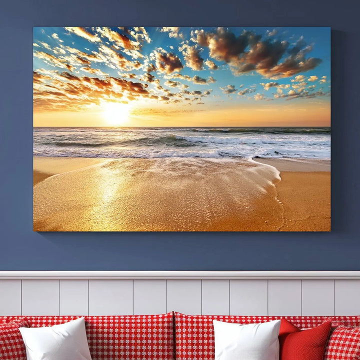 The "Golden Sunset Beach" triptych, a giclee canvas print showcasing Canon print quality, beautifully captures a serene beach sunset with waves lapping at the golden sand.