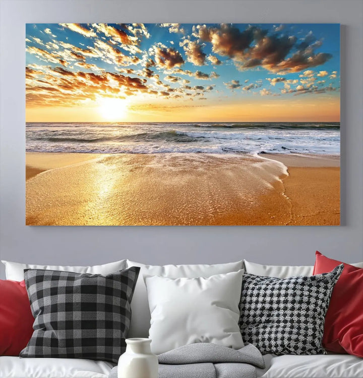 The "Golden Sunset Beach" triptych, a giclee canvas print showcasing Canon print quality, beautifully captures a serene beach sunset with waves lapping at the golden sand.