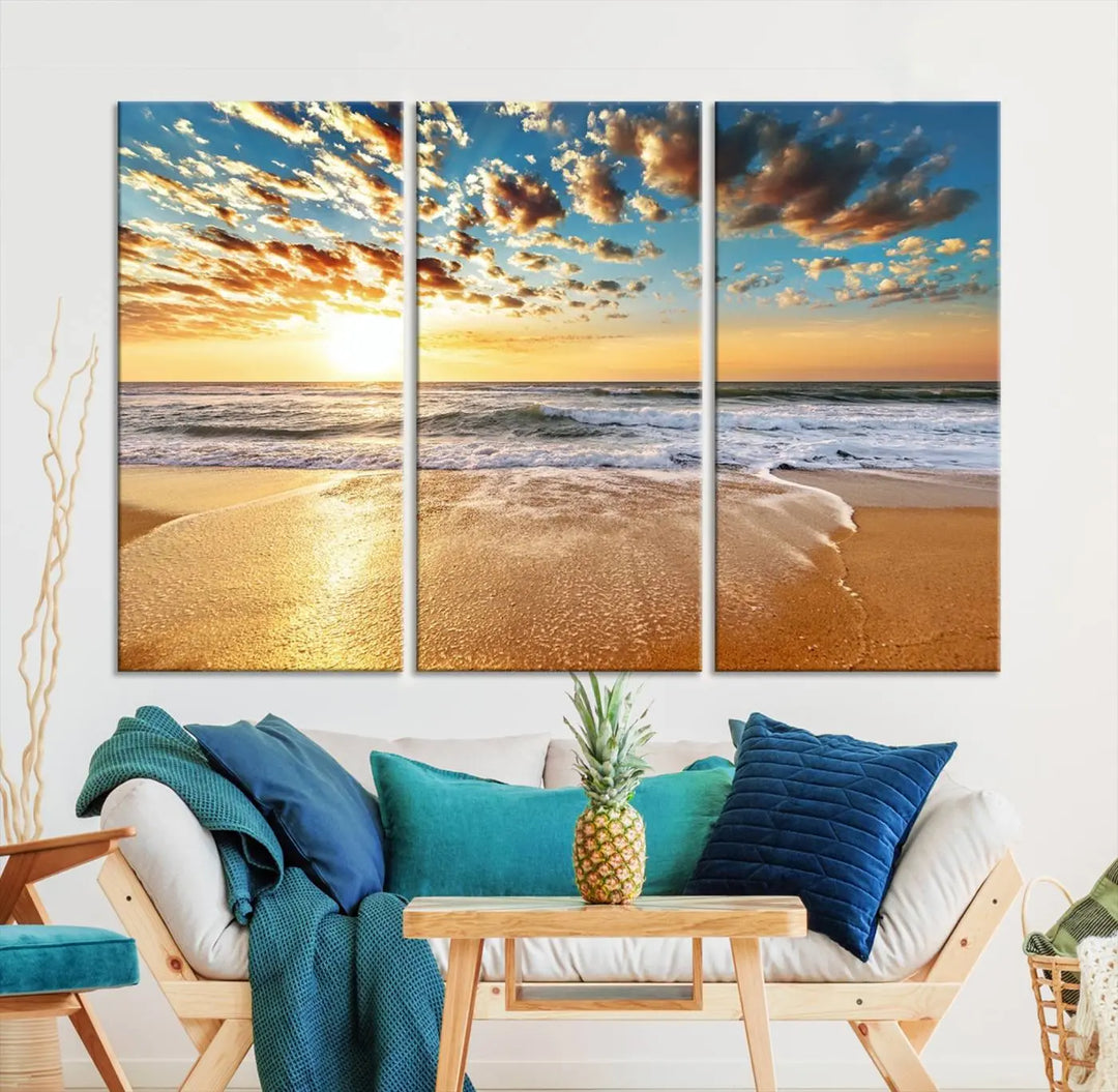 The "Golden Sunset Beach" triptych, a giclee canvas print showcasing Canon print quality, beautifully captures a serene beach sunset with waves lapping at the golden sand.