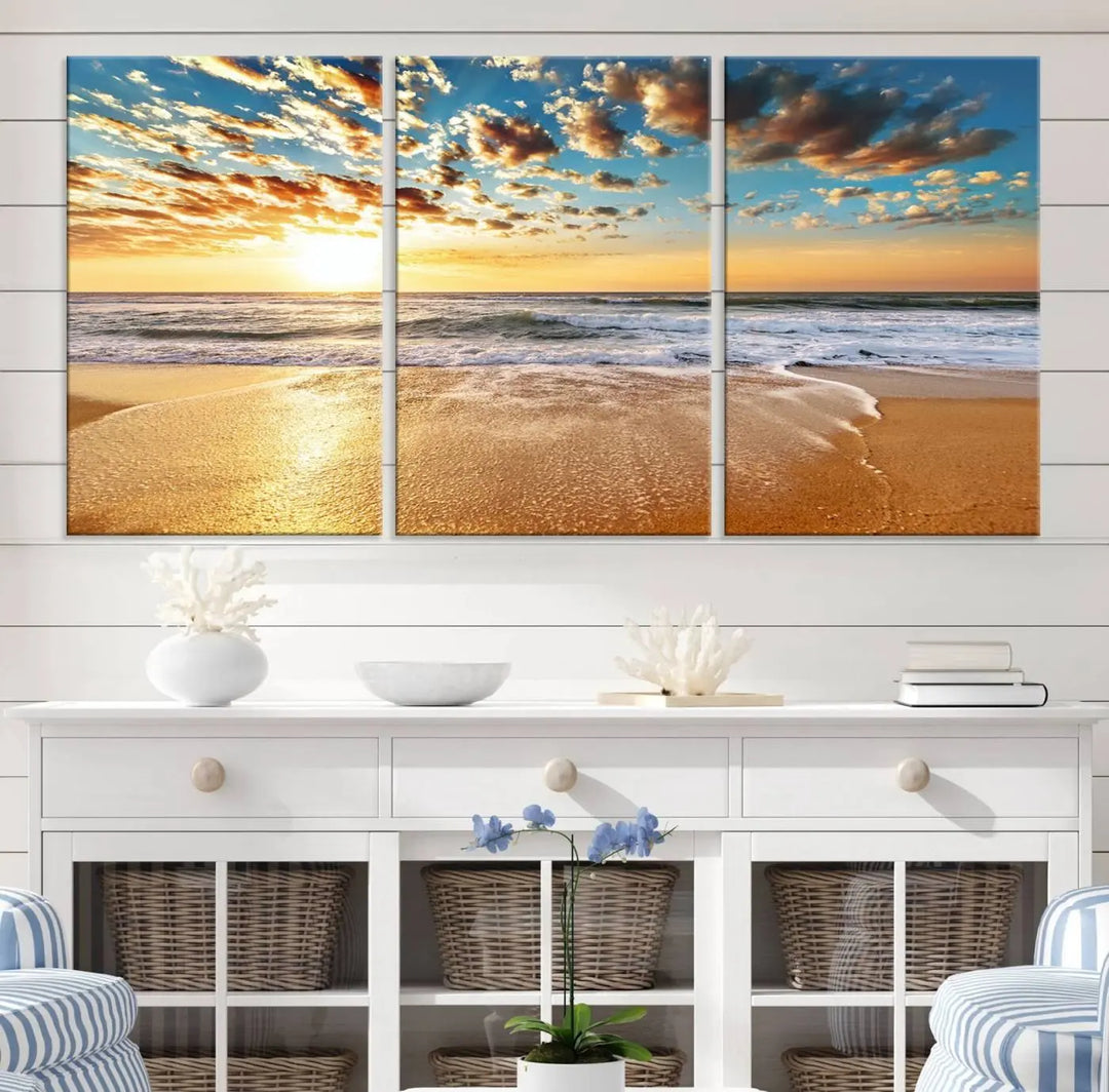 The "Golden Sunset Beach" triptych, a giclee canvas print showcasing Canon print quality, beautifully captures a serene beach sunset with waves lapping at the golden sand.