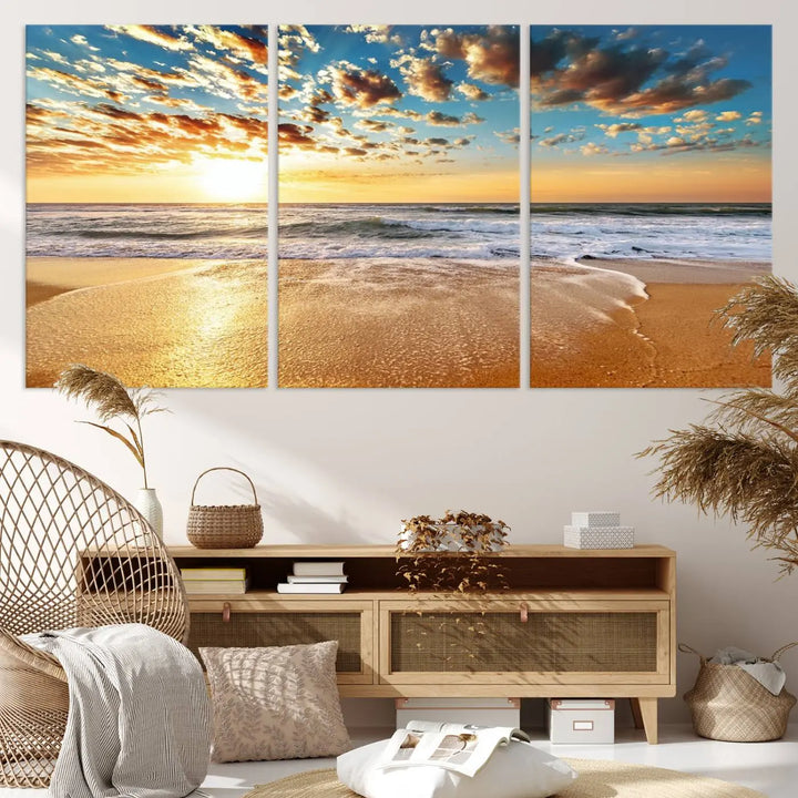 The "Golden Sunset Beach" triptych, a giclee canvas print showcasing Canon print quality, beautifully captures a serene beach sunset with waves lapping at the golden sand.