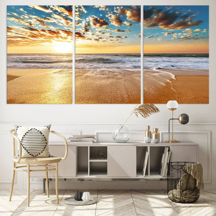 The "Golden Sunset Beach" triptych, a giclee canvas print showcasing Canon print quality, beautifully captures a serene beach sunset with waves lapping at the golden sand.