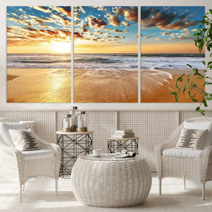 The "Golden Sunset Beach" triptych, a giclee canvas print showcasing Canon print quality, beautifully captures a serene beach sunset with waves lapping at the golden sand.