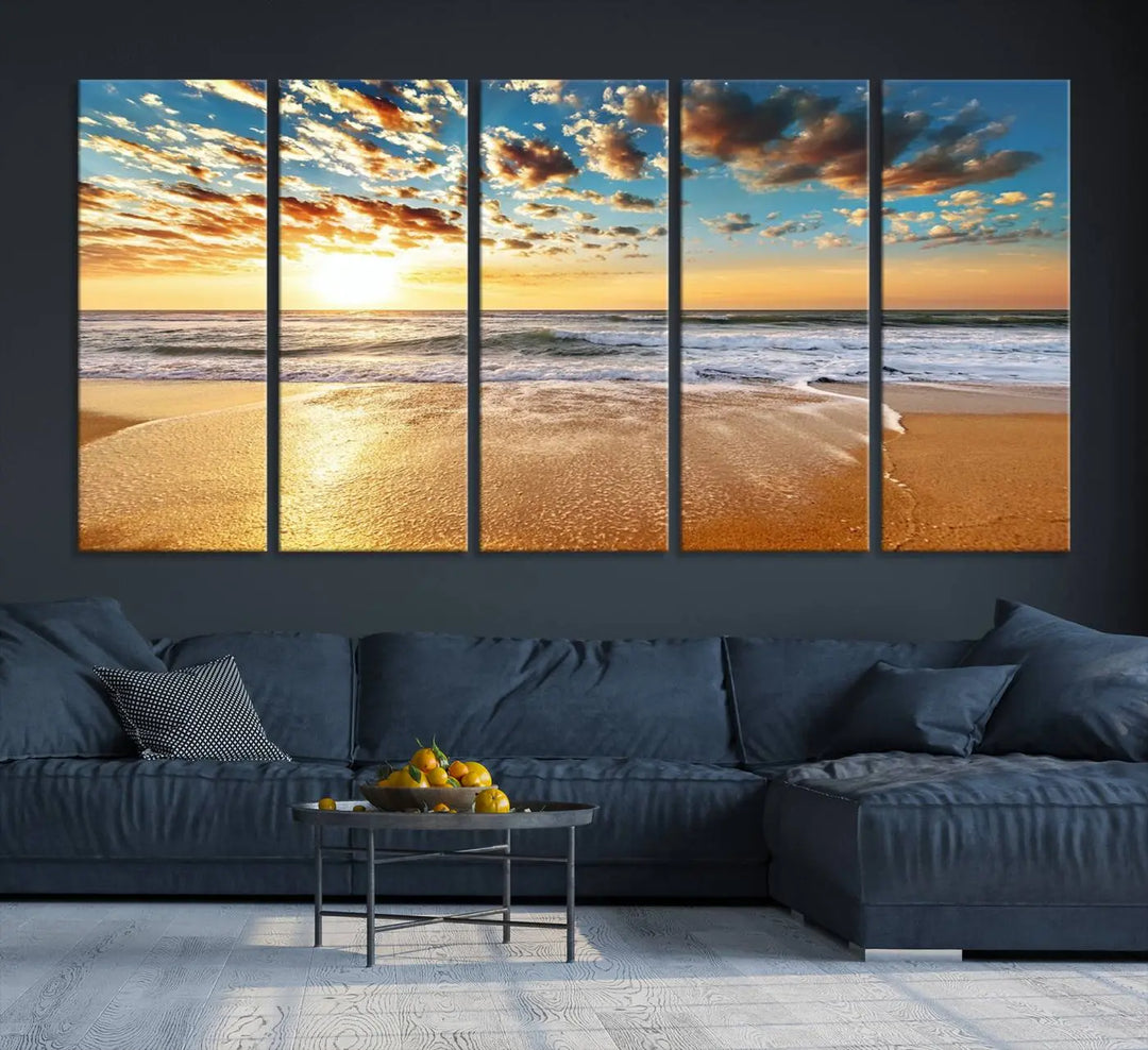 The "Golden Sunset Beach" triptych, a giclee canvas print showcasing Canon print quality, beautifully captures a serene beach sunset with waves lapping at the golden sand.