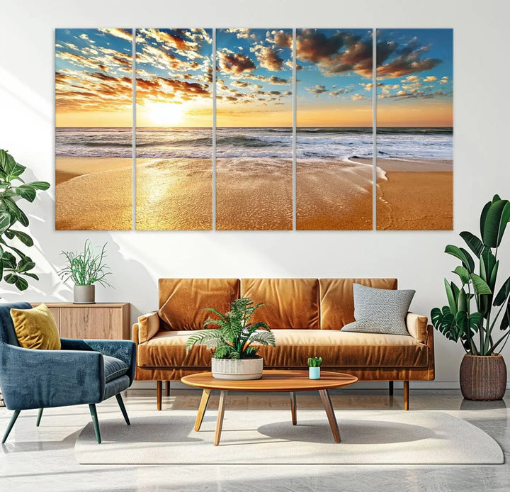 The "Golden Sunset Beach" triptych, a giclee canvas print showcasing Canon print quality, beautifully captures a serene beach sunset with waves lapping at the golden sand.