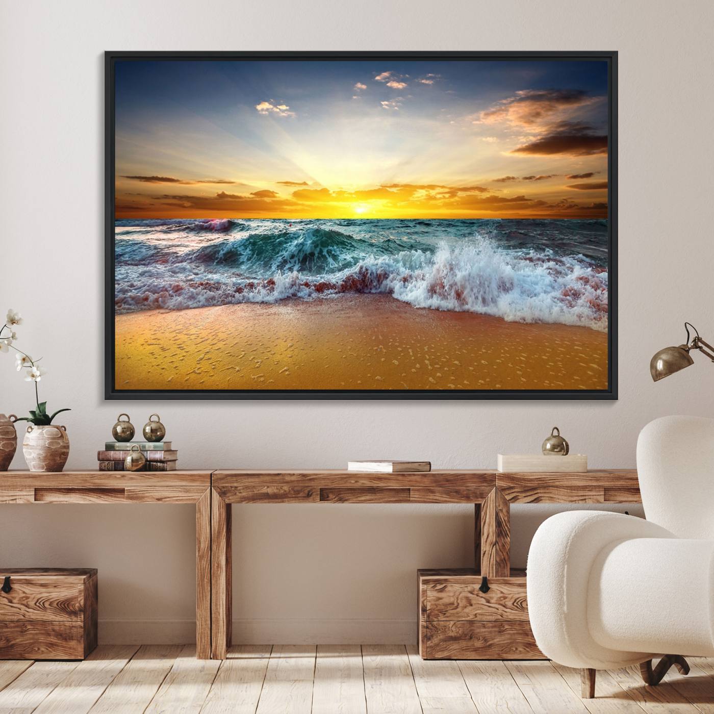 73401-MGV-FC-36X24_Black-Golden Sunset Ocean Waves Wall Art Canvas Print – Multi Panel Beach Canvas Print Set – Large Coastal Triptych Print for Home or Farmhouse