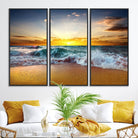 73401-MGV-FC-48X32-3P_Black-Golden Sunset Ocean Waves Wall Art Canvas Print – Multi Panel Beach Canvas Print Set – Large Coastal Triptych Print for Home or Farmhouse