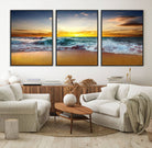 73401-MGV-FC-60X30-3P_Black-Golden Sunset Ocean Waves Wall Art Canvas Print – Multi Panel Beach Canvas Print Set – Large Coastal Triptych Print for Home or Farmhouse
