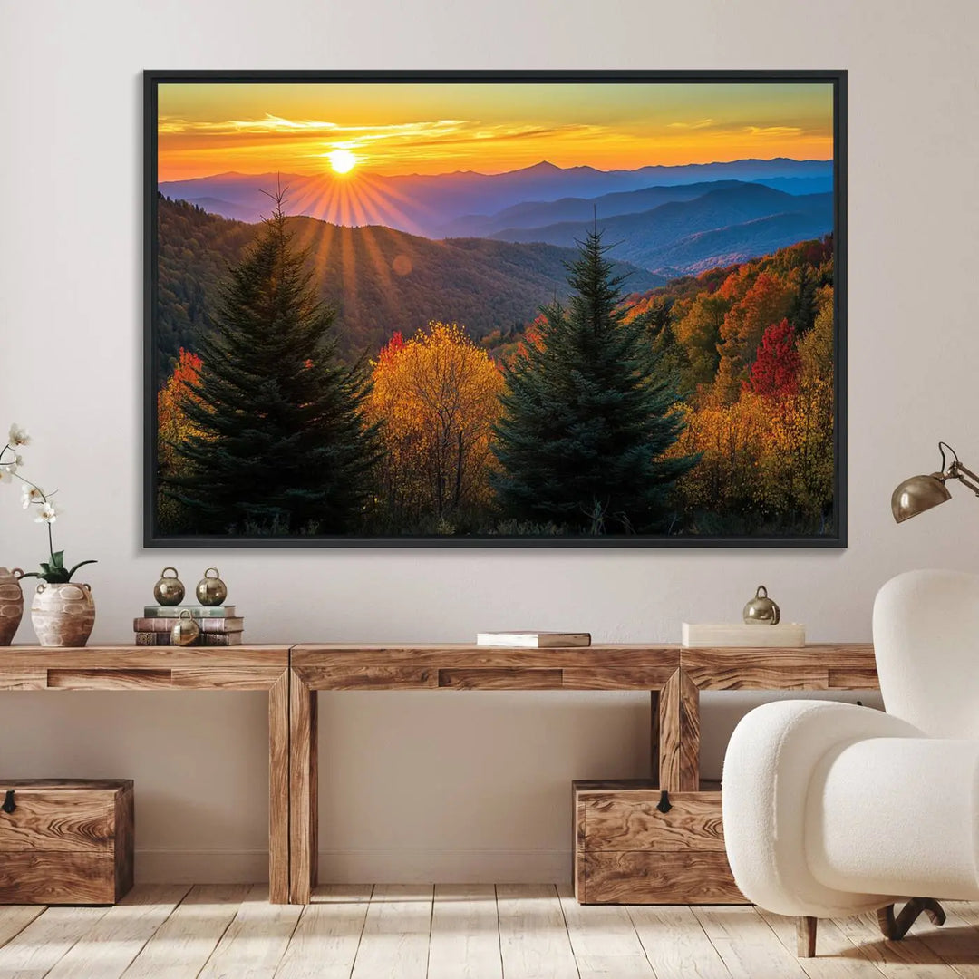 A living room featuring a Golden Sunset Over Mountain Forest canvas wall art.