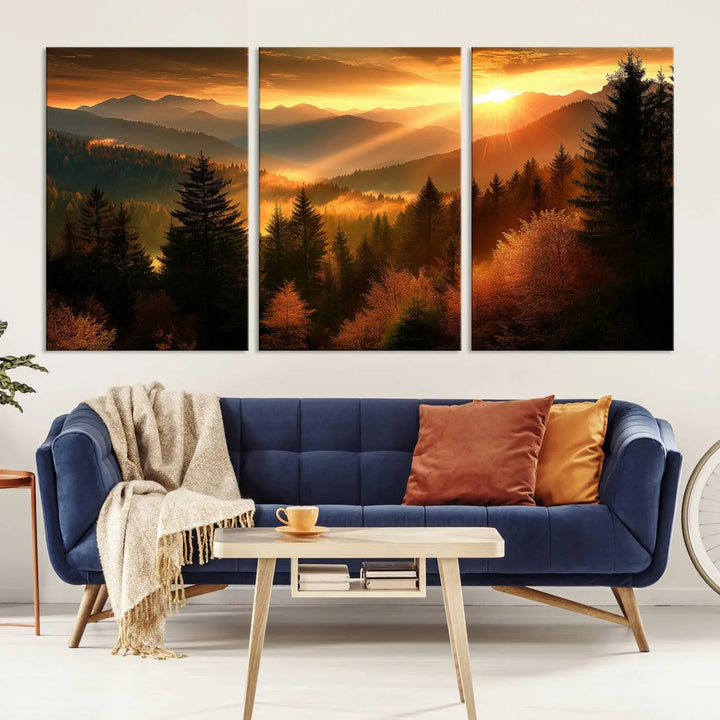 The Golden Sunset Over Mountain Forest canvas wall art adorns the living room.