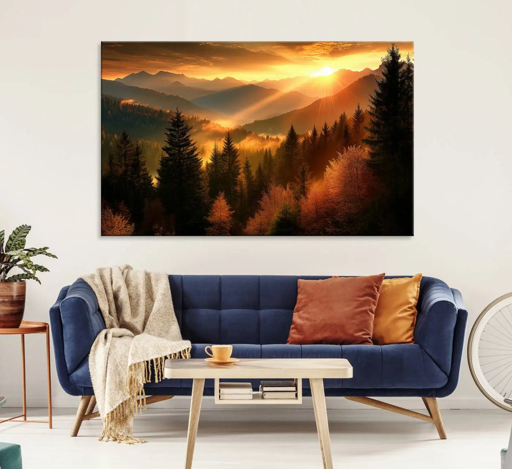 The Golden Sunset Over Mountain Forest canvas wall art adorns the living room.