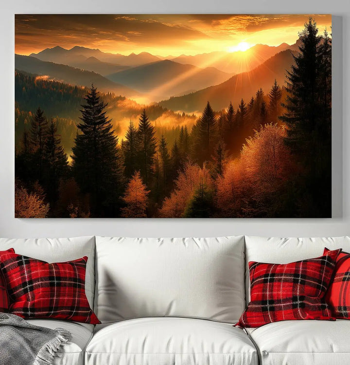 The Golden Sunset Over Mountain Forest canvas wall art adorns the living room.