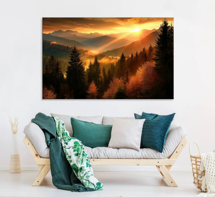 The Golden Sunset Over Mountain Forest canvas wall art adorns the living room.