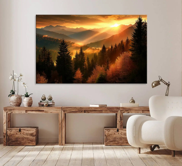 The Golden Sunset Over Mountain Forest canvas wall art adorns the living room.