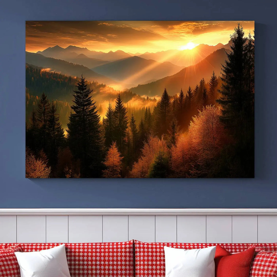 The Golden Sunset Over Mountain Forest canvas wall art adorns the living room.