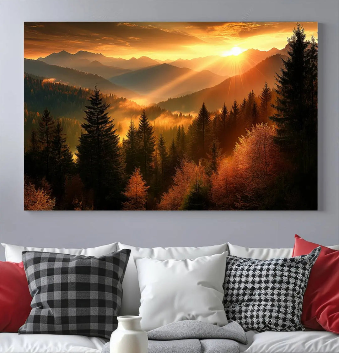 The Golden Sunset Over Mountain Forest canvas wall art adorns the living room.