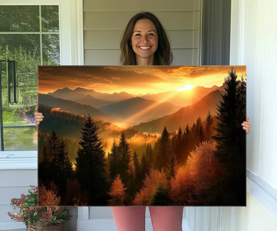 The Golden Sunset Over Mountain Forest canvas wall art adorns the living room.