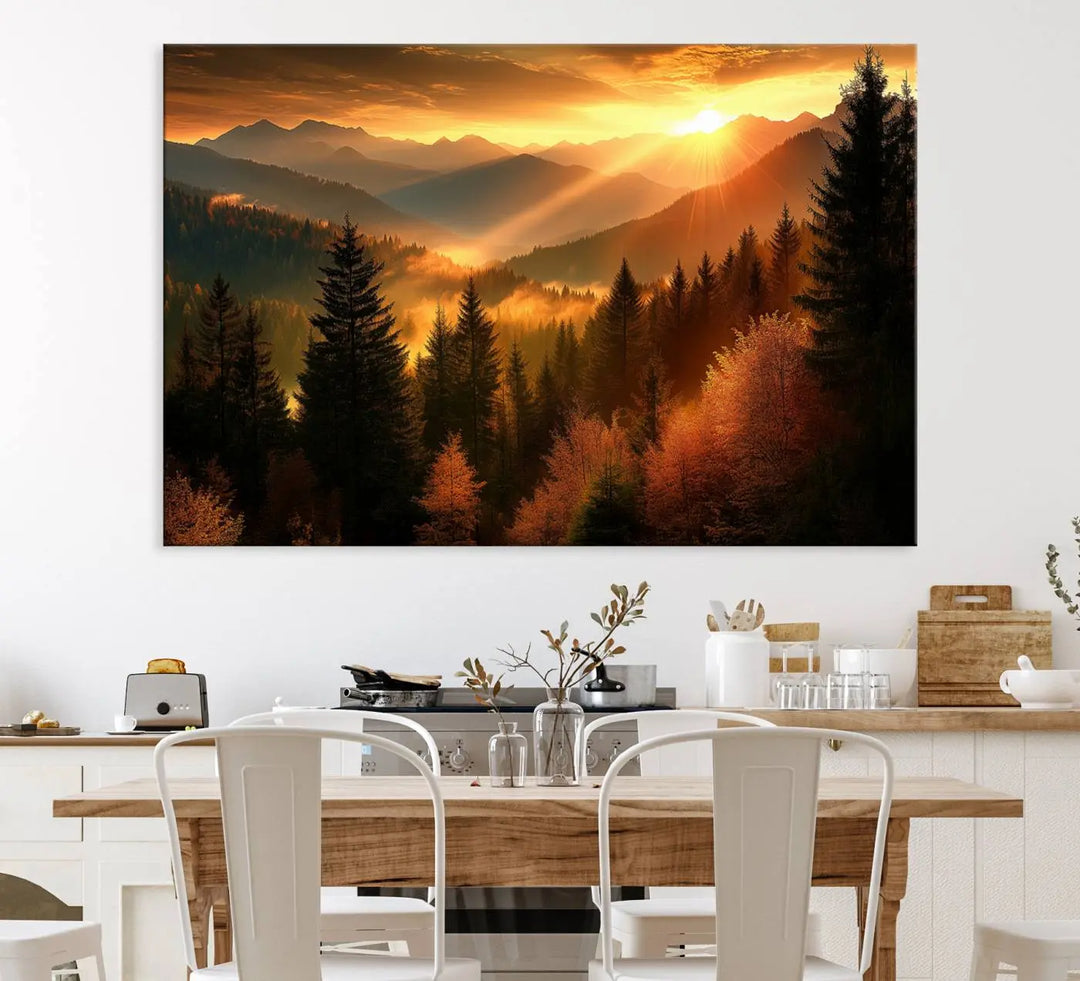 The Golden Sunset Over Mountain Forest canvas wall art adorns the living room.