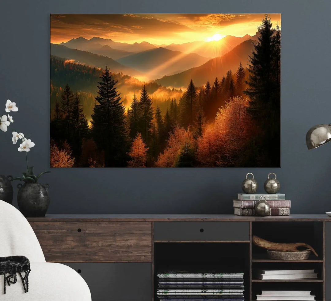 The Golden Sunset Over Mountain Forest canvas wall art adorns the living room.