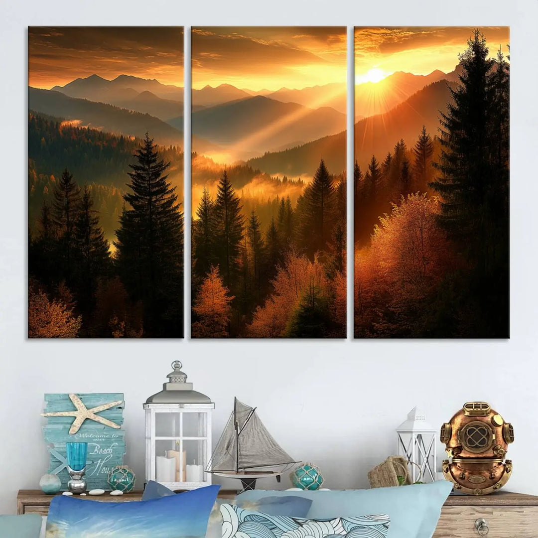 The Golden Sunset Over Mountain Forest canvas wall art adorns the living room.