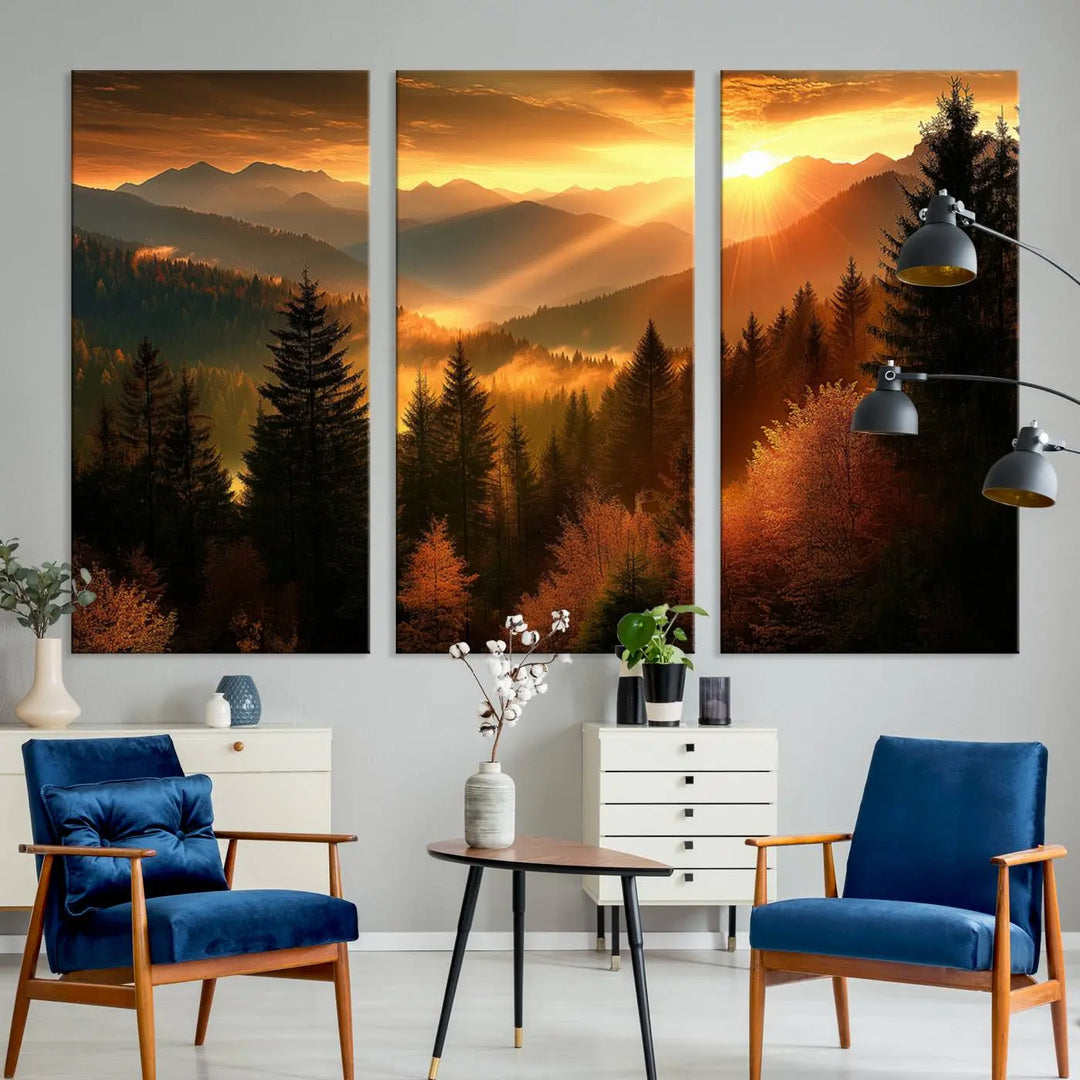 The Golden Sunset Over Mountain Forest canvas wall art adorns the living room.