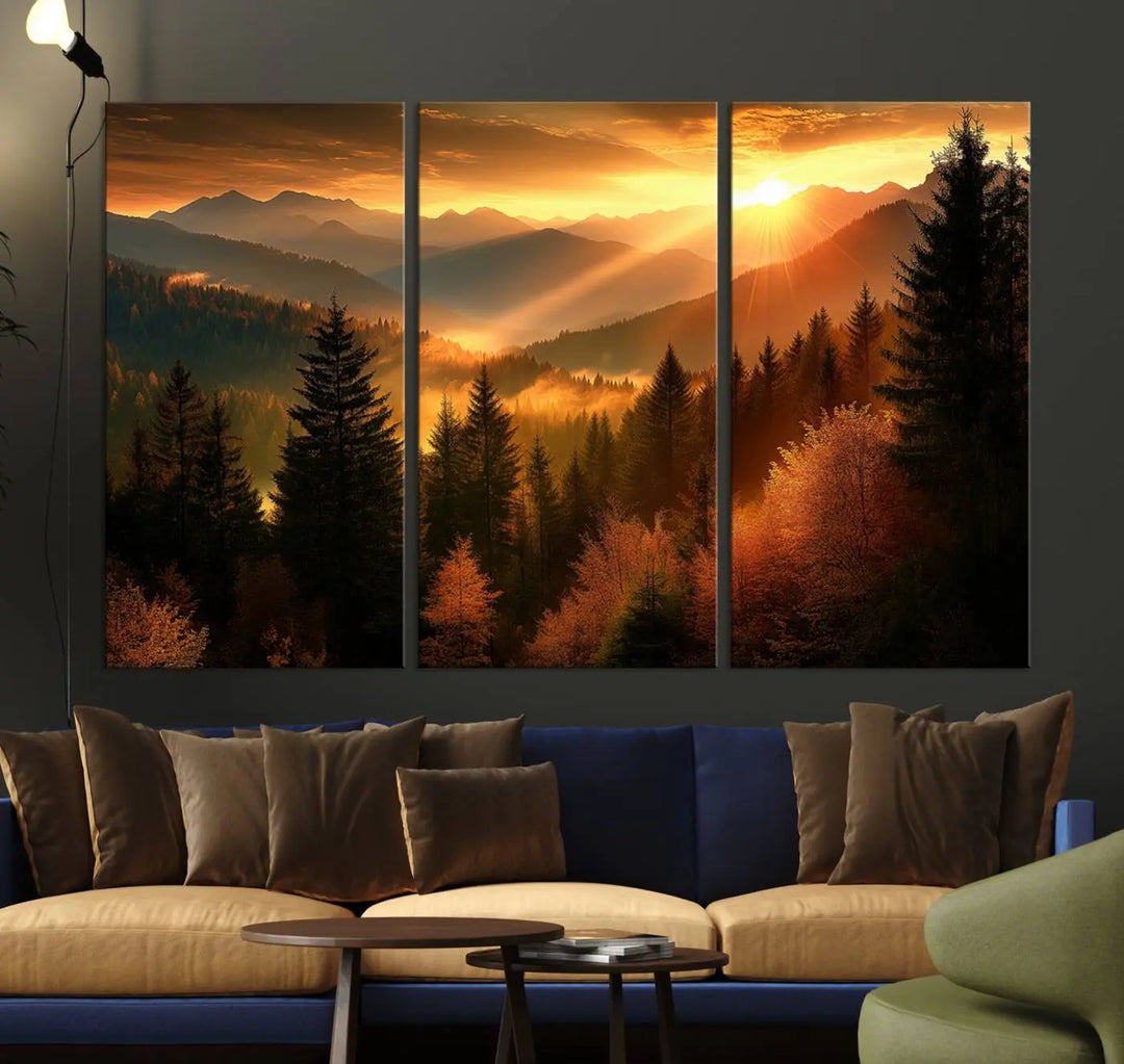 The Golden Sunset Over Mountain Forest canvas wall art adorns the living room.