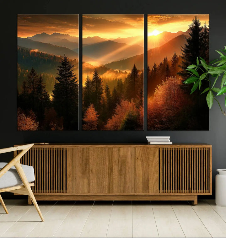 The Golden Sunset Over Mountain Forest canvas wall art adorns the living room.