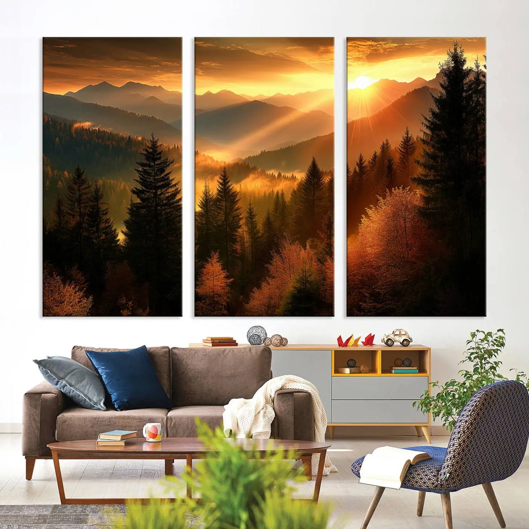 The Golden Sunset Over Mountain Forest canvas wall art adorns the living room.