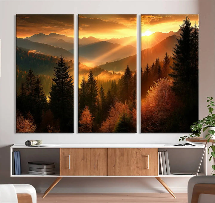 The Golden Sunset Over Mountain Forest canvas wall art adorns the living room.