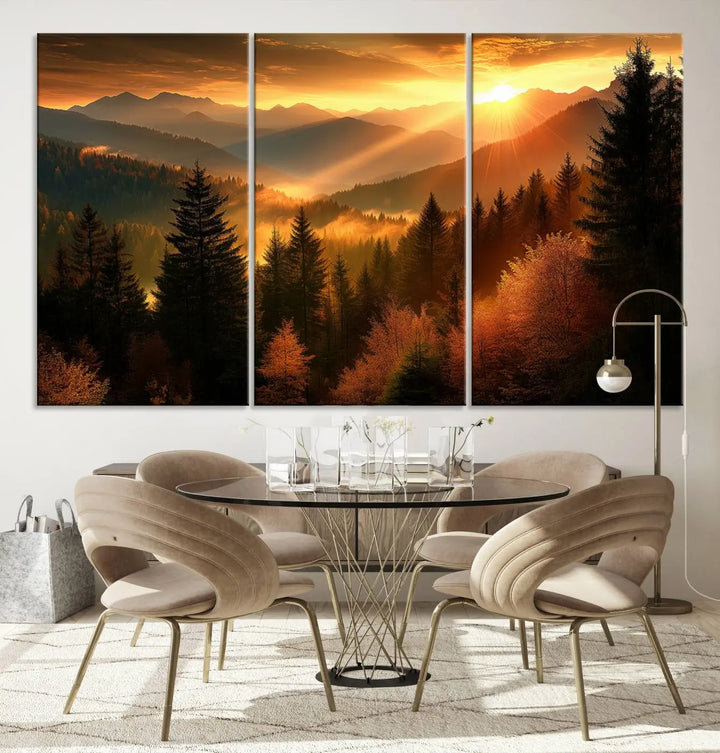 The Golden Sunset Over Mountain Forest canvas wall art adorns the living room.