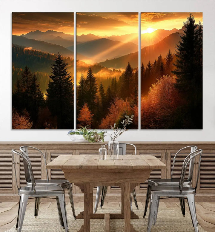 The Golden Sunset Over Mountain Forest canvas wall art adorns the living room.