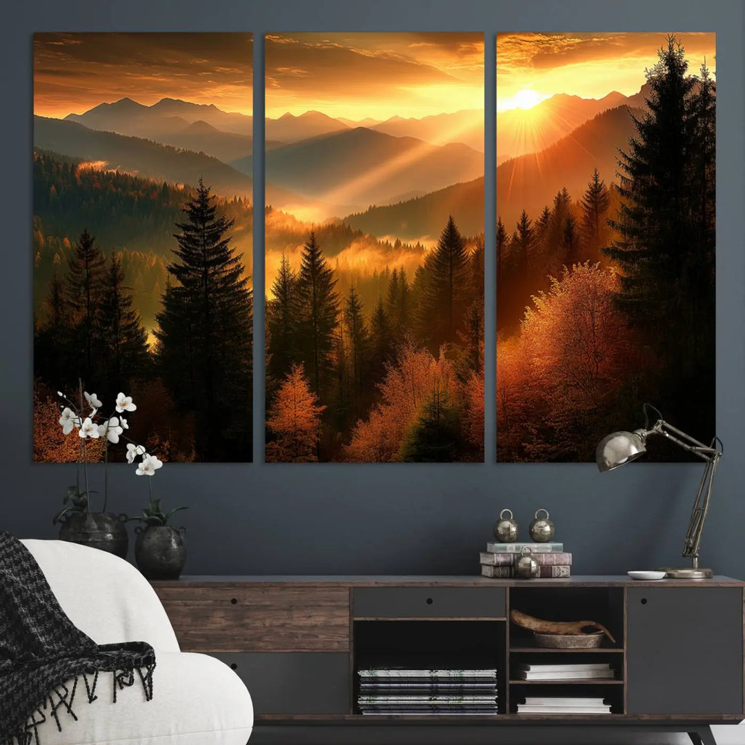 The Golden Sunset Over Mountain Forest canvas wall art adorns the living room.