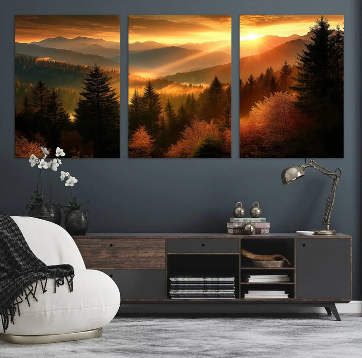 The Golden Sunset Over Mountain Forest canvas wall art adorns the living room.