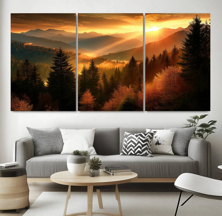 The Golden Sunset Over Mountain Forest canvas wall art adorns the living room.