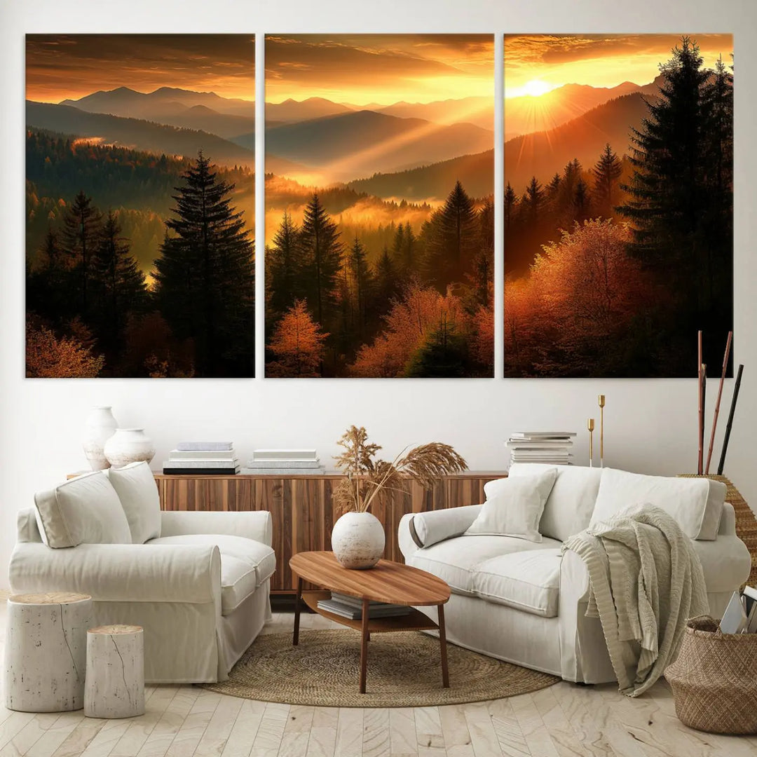 The Golden Sunset Over Mountain Forest canvas wall art adorns the living room.