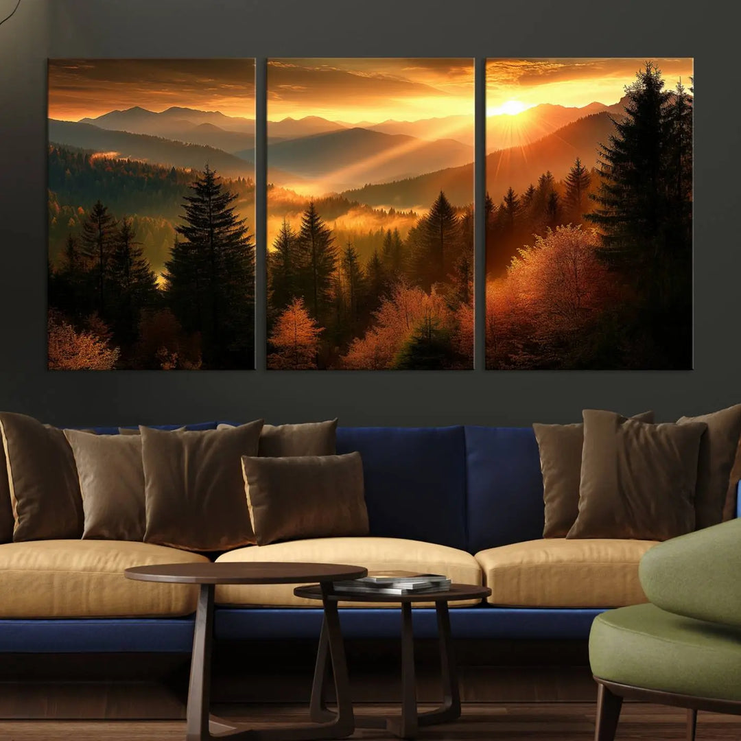 The Golden Sunset Over Mountain Forest canvas wall art adorns the living room.