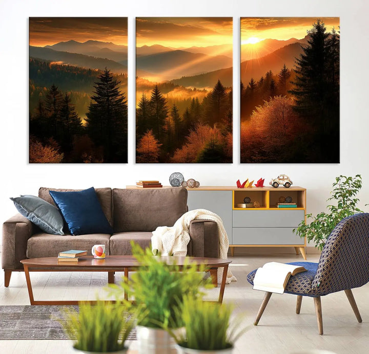 The Golden Sunset Over Mountain Forest canvas wall art adorns the living room.