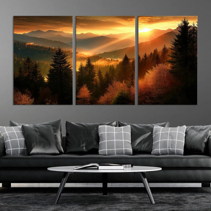 The Golden Sunset Over Mountain Forest canvas wall art adorns the living room.