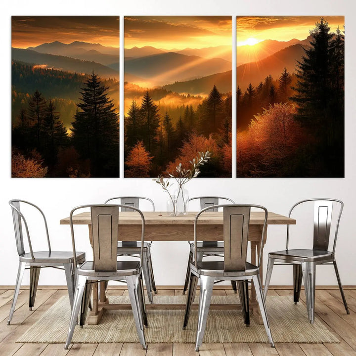 The Golden Sunset Over Mountain Forest canvas wall art adorns the living room.