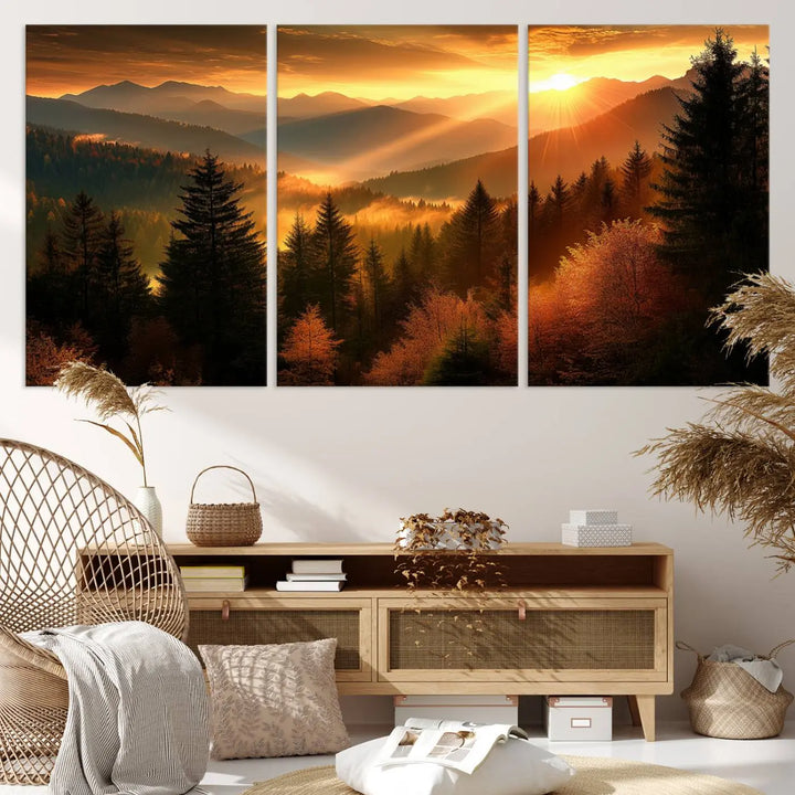 The Golden Sunset Over Mountain Forest canvas wall art adorns the living room.