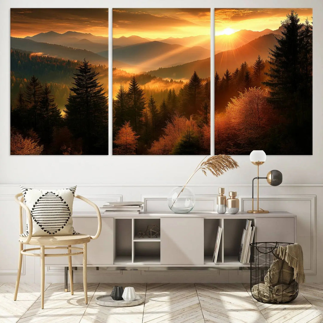 The Golden Sunset Over Mountain Forest canvas wall art adorns the living room.