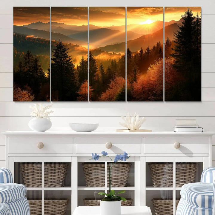 The Golden Sunset Over Mountain Forest canvas wall art adorns the living room.