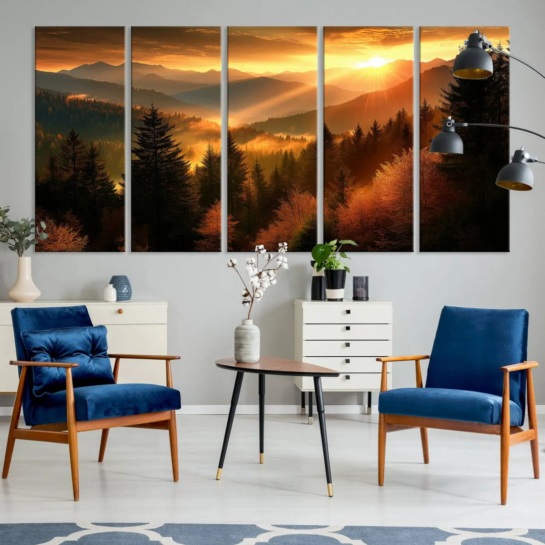 The Golden Sunset Over Mountain Forest canvas wall art adorns the living room.