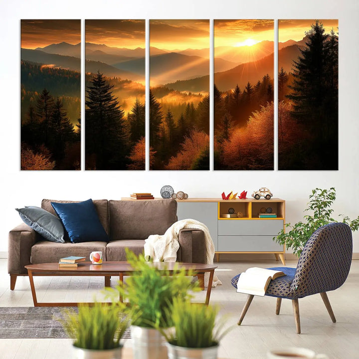 The Golden Sunset Over Mountain Forest canvas wall art adorns the living room.