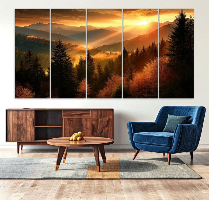 The Golden Sunset Over Mountain Forest canvas wall art adorns the living room.