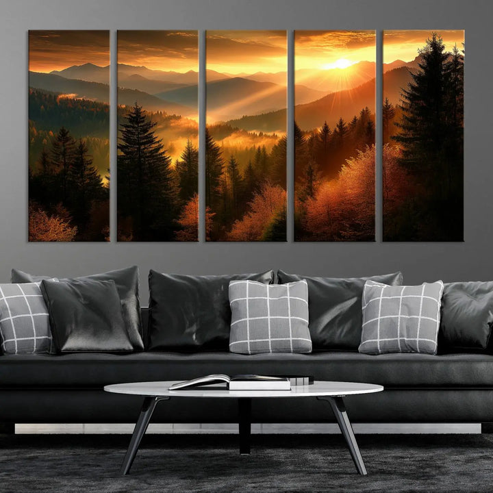 The Golden Sunset Over Mountain Forest canvas wall art adorns the living room.