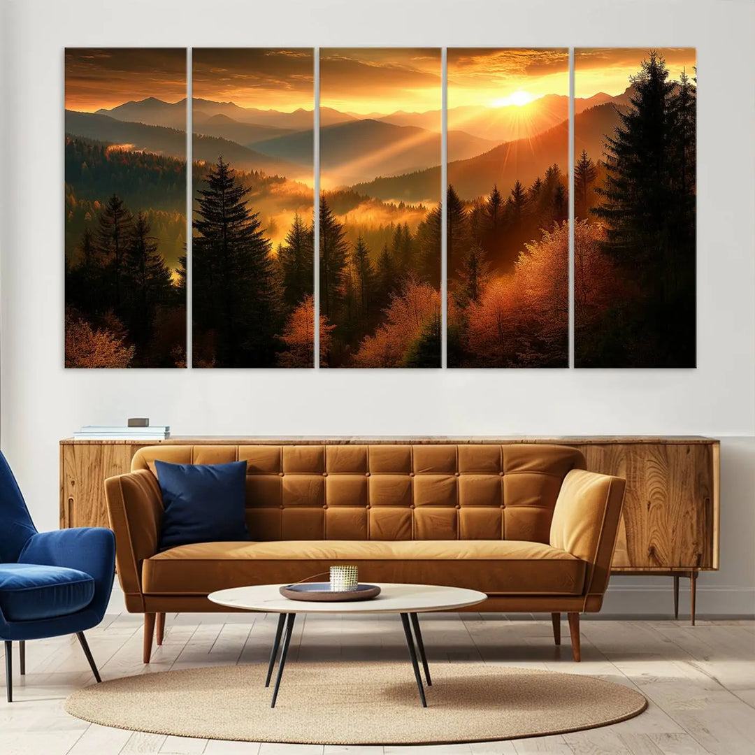 The Golden Sunset Over Mountain Forest canvas wall art adorns the living room.