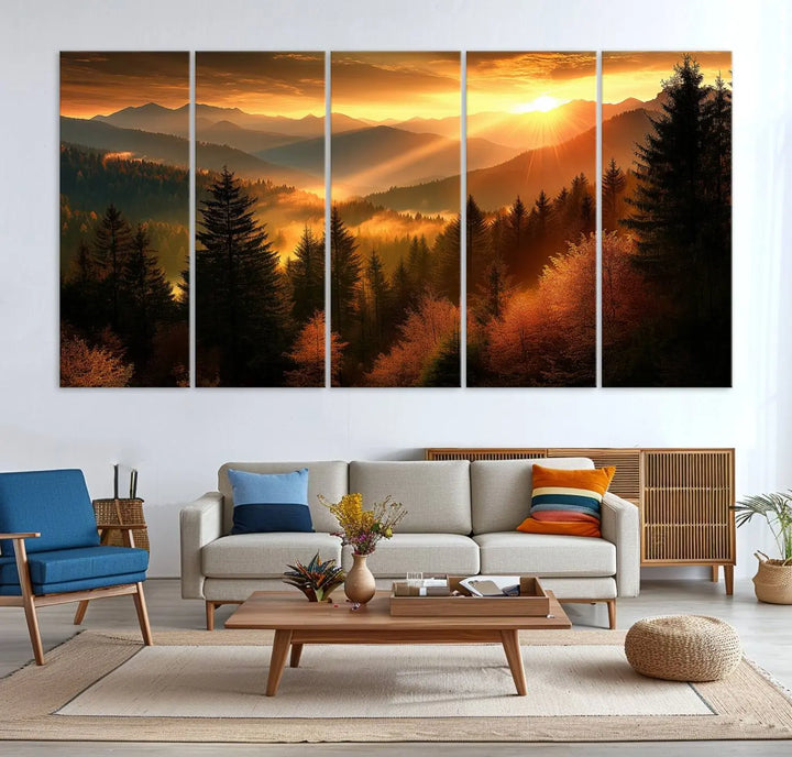 The Golden Sunset Over Mountain Forest canvas wall art adorns the living room.