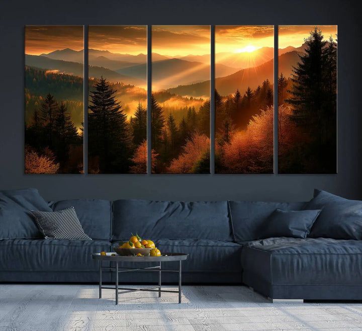 The Golden Sunset Over Mountain Forest canvas wall art adorns the living room.